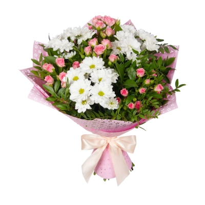 Букет «Волшебный сад» – гармония кустовых роз и белоснежных хризантем Астрахань Астраханская область