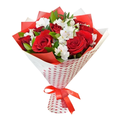 Букет из красных роз и белоснежных альстромерий – гармония страсти и нежности Астрахань Астраханская область