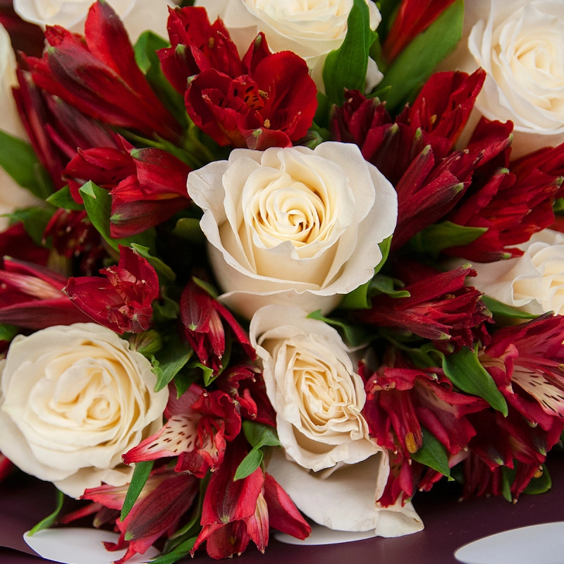 Букет из белых роз и красных альстромерий – гармония страсти и чистоты Астрахань Астраханская область