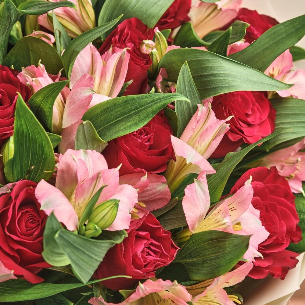 Букет «Нежность слов» — гармония красных роз и нежных альстромерий Астрахань Астраханская область