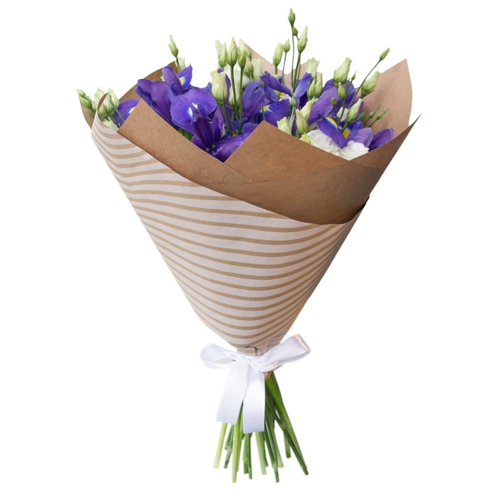 Изысканный букет из синих ирисов и белых эустом – гармония утонченности Астрахань Астраханская область