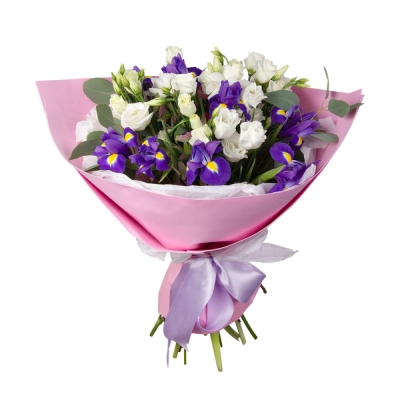 Букет «Подарок» – элегантная композиция из ирисов, эустом и эвкалипта Астрахань Астраханская область