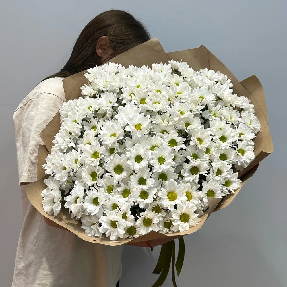 Букет «21 ромашка» – нежные белые кустовые хризантемы в натуральном стиле Астрахань Астраханская область