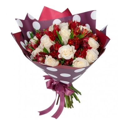 Букет из белых роз и красных альстромерий – гармония страсти и чистоты Астрахань Астраханская область