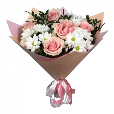 Букет из розовых роз и хризантем – нежность и долговечность Астрахань Астраханская область